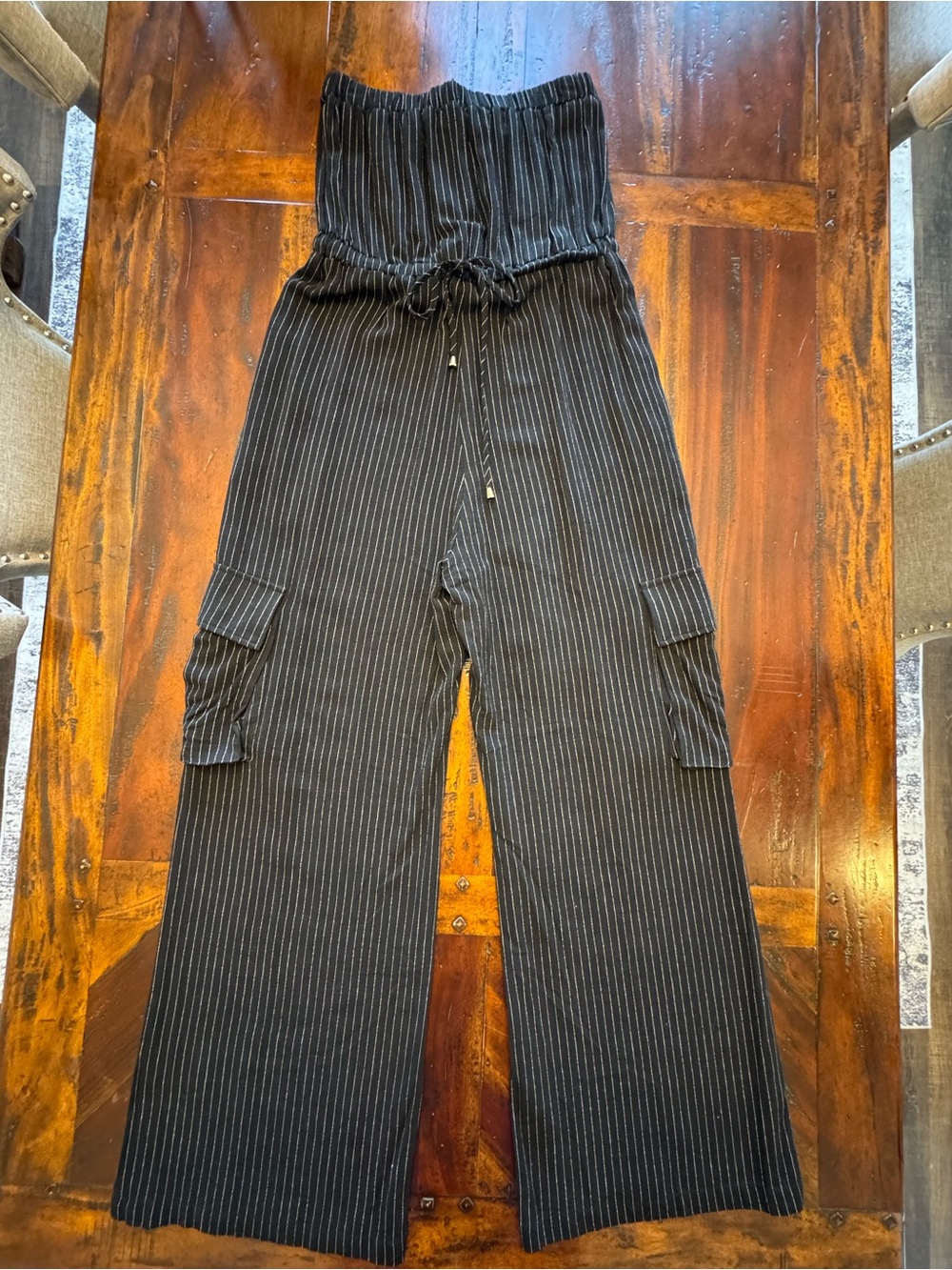 *Jumpsuit* Black Pinstripe Strapless Wide-Leg Jumpsuit with Drawstring